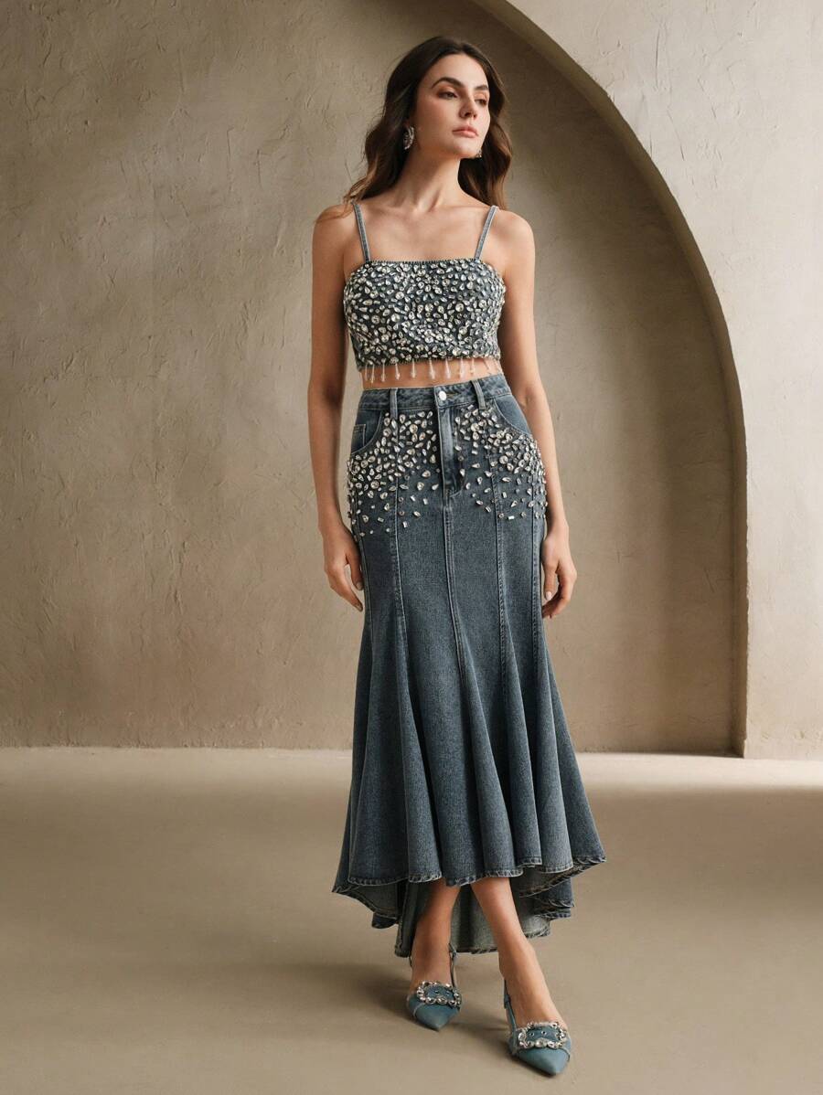 Anewsta Rhinestone Embellished Fancy Denim Cropped Cami Top For Women, Summer Festival/Concert - Dark Wash - View 1