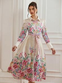 GENKIRA 缎面花卉印花连衣裙，配有可拆卸腰带，优雅浪漫的度假风格长袖衬衫领连衣裙 - 彩色 - 查看 4