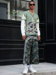 Manfinity Roghcode 男式纯色拼布长袖数字印花休闲套头棒球运动衫 - 軍綠色 - 查看 3
