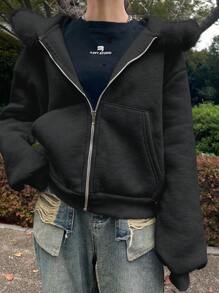 Women Fur Collar Patchwork Long Sleeve Casual Hoodie Sweatshirt - Black - View 4