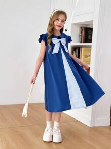 SHEIN Leap Crew Tween Girls 经典百搭对比色彼得潘领蝴蝶结荷叶边宽松休闲连衣裙，适合返校和日常穿着 - 藍色 - 查看 6