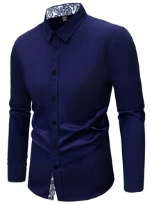 Manfinity Homme Plus Size Men's Patchwork Floral Print Long Sleeve Casual Shirt, Fall - Blue - View 3