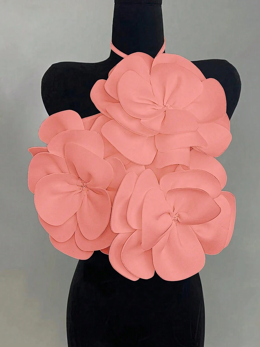 SHEIN Unity 标准尺寸女式系带挂脖白色花卉装饰罗纹修身背心 - 粉色 - 查看 1