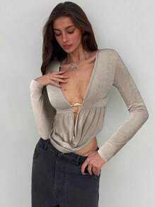 Aloruh Vrouwen V-hals effen kleur lange mouwen sexy mode T-shirt