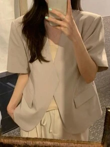 DAZY Women's Plain V-Neck Short Sleeve Casual Blazer Jacket, Spring/Summer Business Attire - Apricot - View 4