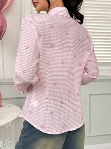 Comfortcana 女式前扣长袖休闲衬衫，带蝴蝶结细节，简约设计 - 粉色 - 查看 2