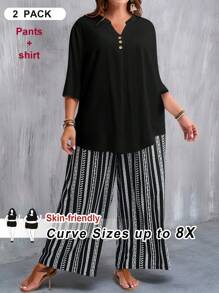 SHEIN CURVE+ Plus Size Women 2 Pieces Set Black V-Neck Short Sleeve Top And All-Over Printed Pants, Casual Holiday Outfit, Spring And Autumn,Holiday Outfits Boho