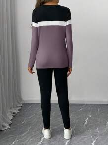 SHEIN 2pcs Maternity Solid Patchwork Round Neck Long Sleeve Top And Pants Set, Minimalist - Dusty Purple - View 2