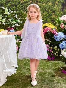 SHEIN 年輕女孩優雅方領寬帶裙褂，帶蝴蝶結裝飾，並帶有蕾絲襯裙 - 紫色 - 查看 4