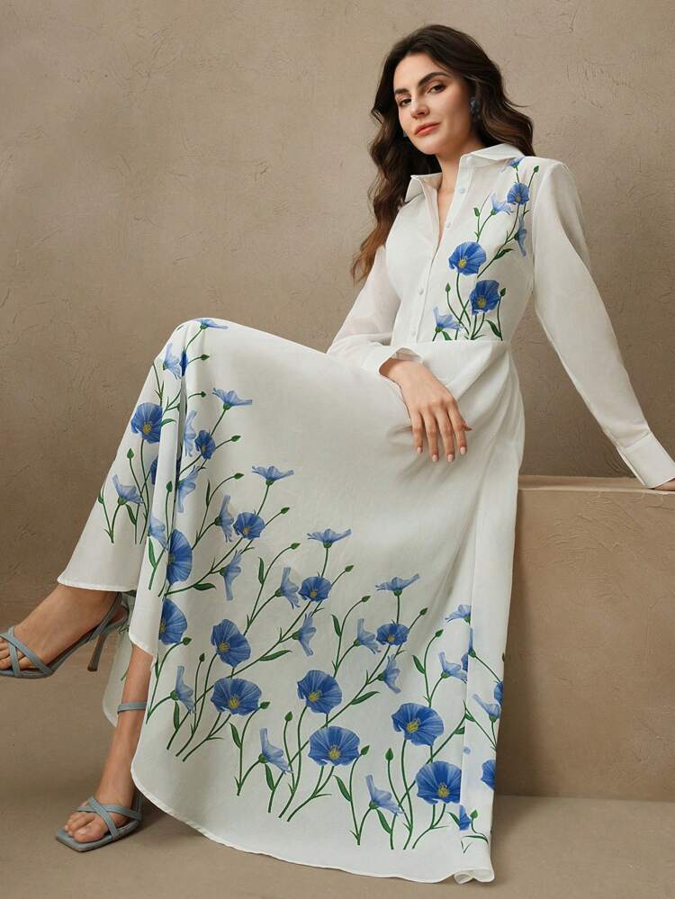 New Year's White Chiffon Print A-Line Long Sleeve Dress