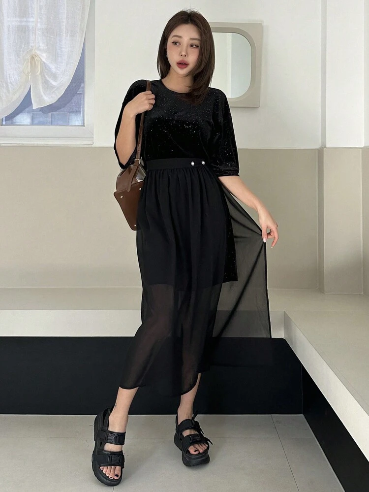 Women 2 Pieces Set: Sparkly Loose Crew Neck Dress & Sheer Split Hem Skirt