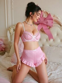 PetitDoll 女士格子蝴蝶结装饰时尚内衣套装 - 粉色 - 查看 3