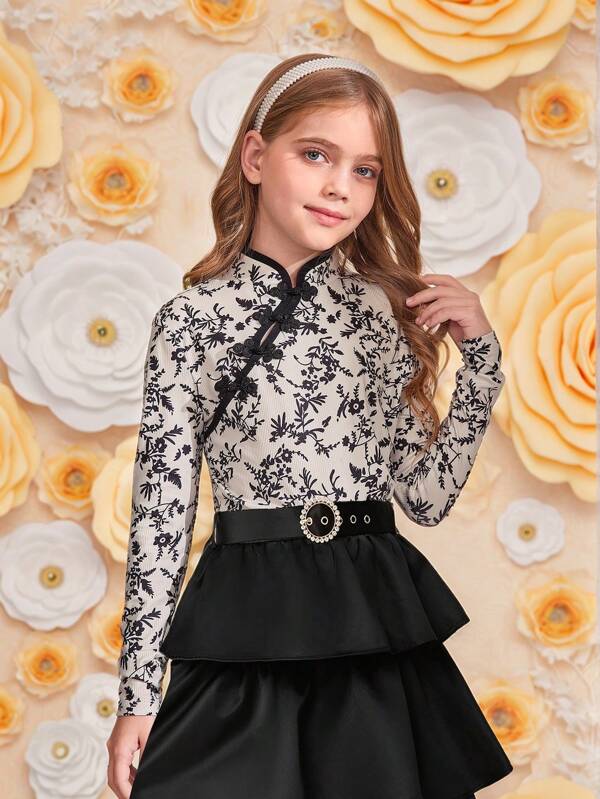 SHEIN Tween Girls Tiny Ditsy Floral Mandarin Guler Decolteu încrucișat Button Decoration Slim Fit Manecă lungă Cămașă Casual Elegant