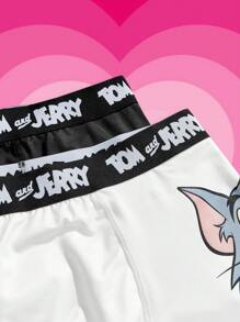 TOM & JERRY X SHEIN 2 قطعة ملابس داخلية رجالية بطبعات جرافيك كرتونية جميلة وشريط بحروف، باللونين الأبيض والأسود، مريحة وكاجوال