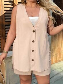 SHEIN VCAY 2 pièces Ensemble Top décontracté texturé sans manches et short à taille élastique pour femmes grande taille - Kaki - Voir 3