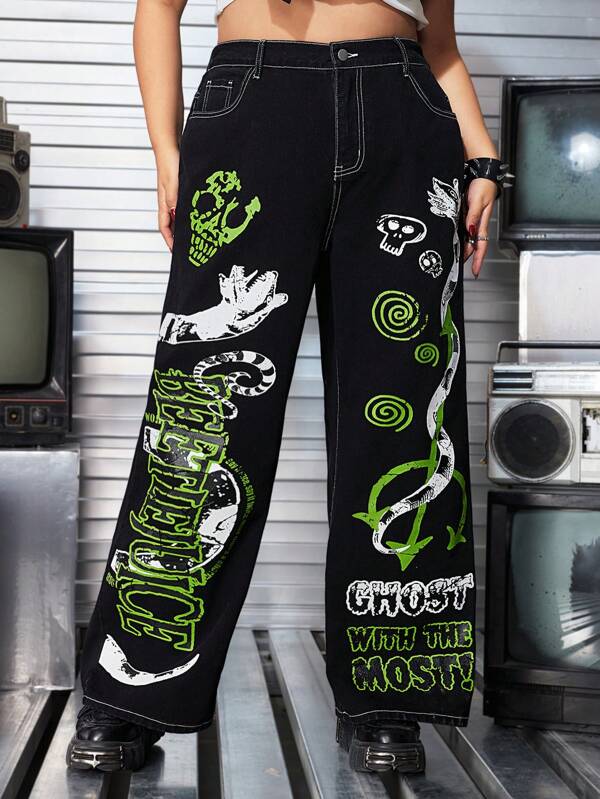 Beetlejuice | ROMWE Plus Size Casual Street Fashion Fully Allover Print Wide Leg Jeans