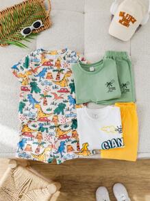 6 paquetes de camisetas de cuello redondo con estampado completo de dinosaurios y animales, casuales, universitarias, cómodas, de moda, simples y prácticas para niños pequeños