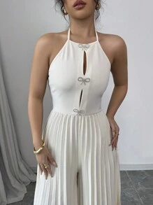 Gloray Elegant Apricot Color Halter Tie Front Cut-Out Metal Rhinestone Bow Pleated Wide Leg Jumpsuit For Women - Apricot - View 3