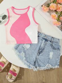 SHEIN Tween Girls 2 Pieces Set: Fitted Knit Round Neck White/Pink Top And Distressed Light Wash Denim Shorts - Multicolor - View 1