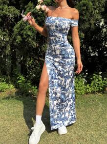 SHEIN EZwear Women's Off Shoulder Slit Allover Print Bodycon Long Dress