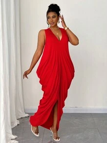 Maweii Women's Summer New Solid Color Sleeveless Loose Dress Plus Size - Red - View 2