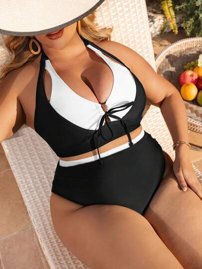 SHEIN Swim Curve Plus Size Women 2pcs Color Block Halter Tied Sexy Split Swimwear Bikini Set, Vacation & Beach, For Summer