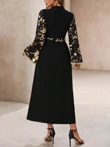 SHEIN Clasi Áo choàng dài bằng vải chiffon rộng rãi có thắt lưng cho tiệc lễ của phụ nữ, phong cách Ramadan - màu đen - Xem 2