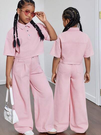 SHEIN Sparklyn 2 件套少女装：宽松舒适短袖牛仔衬衫，翻领和松紧腰休闲褶皱阔腿牛仔裤，粉色