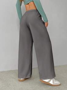 SHEIN VCAY 大码女式纯色抽绳腰直筒休闲裤 - 灰色 - 查看 2