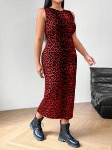 SHEIN EZwear 大码女式豹纹无袖连衣裙，适合游轮、返校节 - 紅色 - 查看 6