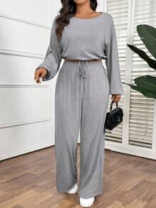 SHEIN Frenchy 1pc Plus Size Women Casual Loose 2 Pieces Set,Fashionable Grey Sports Outfit With Long Sleeve Top & Matching Bottom, Comfortable & Versatile For Daily Wear - Light Grey - View 1