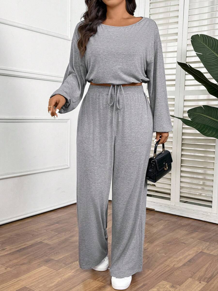 SHEIN Frenchy 1pc Plus Size Women Casual Loose 2 Pieces Set,Fashionable Grey Sports Outfit With Long Sleeve Top & Matching Bottom, Comfortable & Versatile For Daily Wear - Light Grey - View 1