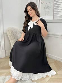 Camisón de mujer talla grande con cuello con lazo de cordón y volantes - Multicolor - Ver 1