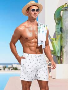 Surfspeed Men's Palm Tree Print Drawstring Waist Beach Shorts - White - View 5