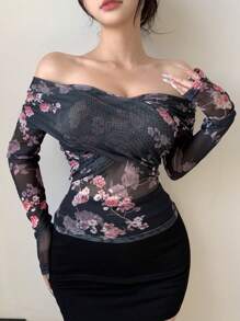 DAZY 女士花卉印花露肩修身时尚长袖 T 恤，秋季女装 - 黑色 - 查看 4
