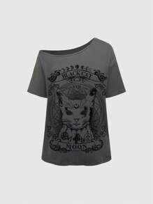 ROMWE Goth Plus Size Oversized Cat Print Asymmetrical Neck Drop Shoulder Short Sleeve T-Shirt