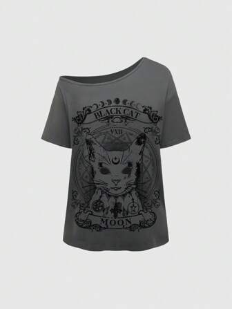 Goth T-shirt à manches courtes avec imprimé chat, col asymétrique et épaules tombantes, grande taille