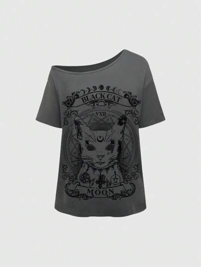 Goth T-shirt à manches courtes avec imprimé chat, col asymétrique et épaules tombantes, grande taille