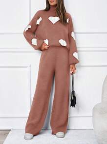 SHEIN Tall 2 chiếc/Bộ Áo len cổ cao họa tiết trái tim giản dị - Hồng - Xem 3