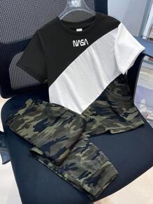 2pcs Set Young Boys Casual Street-Style Patchwork Camouflage Round Neck Short Sleeve T-Shirt And Pants,Fashionable Comfortable Sports Outfits,Summer - Multicolor - View 8