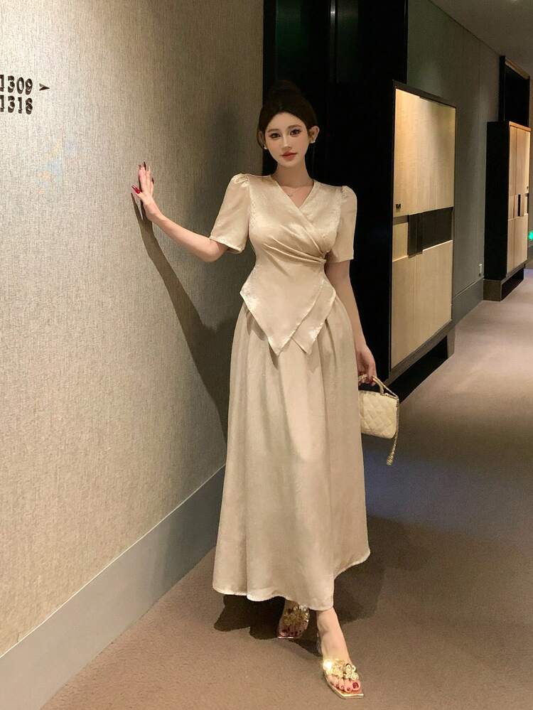 Women Acetate Loose Cross Blouse And Skirt 2pcs Set