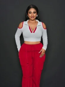 Slaydiva 2pcs/Set Women Casual Color Block Trim Off Shoulder Crop Top And Pants