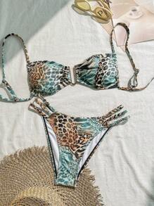 Swim Vcay Conjunto de bikini de tirantes finos con decoración metálica y estampado de leopardo aleatorio ajustable para mujeres en verano para la playa y vacaciones