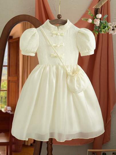 Ramadan Ung flicka Sommar Nyankomst Topp Jacquardtyg Fåll Organza Barn Förbättrad Qipao-stil Ny kinesisk Hanfu Söt Elegant Lyxig Prinsessklänning