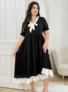 Camisón de mujer talla grande con cuello con lazo de cordón y volantes - Multicolor - Ver 3