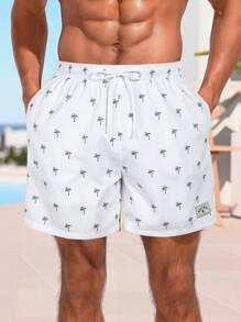 Surfspeed Men's Palm Tree Print Drawstring Waist Beach Shorts - White - View 3