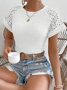 SHEIN LUNE Women's Solid Round Neck Raglan Sleeve Short Sleeve Burnout Embroidered Casual T-Shirt - White - View 3