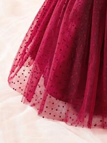 SHEIN Baby Girl Flocked Mesh Party Tutu Dress, Christening Casual Cute Party Gown, Photoshoot Ruffle Skirt Dress For Autumn/Winter - Burgundy - View 3