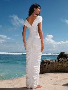 Opulessa Vacation Solid Color Knit Off-Shoulder Bodycon Dress For Women - White - View 3