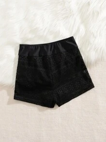 SHEIN Swim Women's Beach Vacation Wide Leg Shorts, Lace Patchwork Solid Color Swimwear Bottom For Summer Beach Vacation